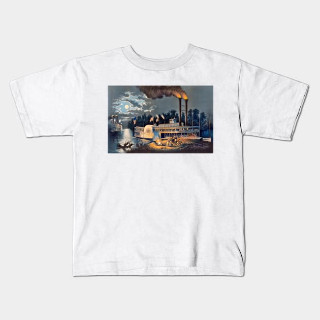 Steamboat Wooding Up on the Mississippi 1863 Frances Flora Bond Palmer Kids T-Shirt by rocketshipretro